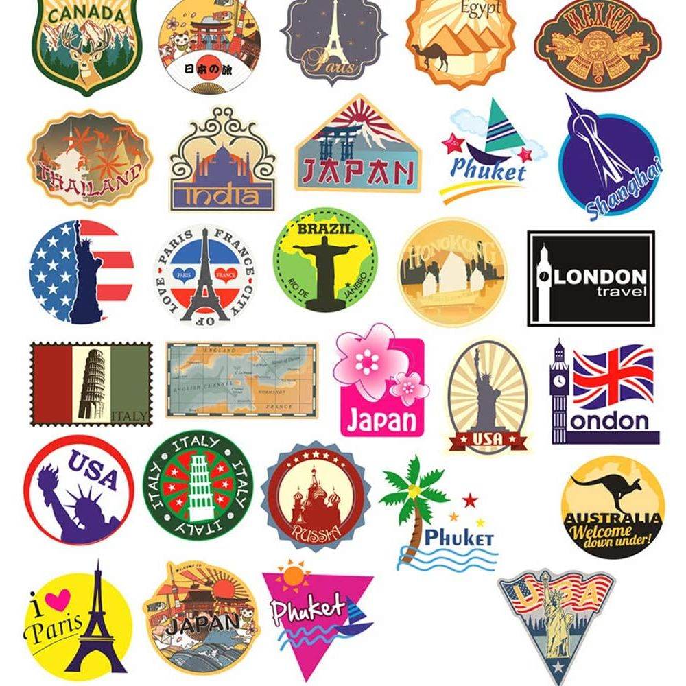 100pcs Travel Map Stickers World Famous Tourism Country Regions Logo Waterproof Tourist Wonders Stickers National Flag Idea for Luggage Skateboard Laptop Luggage Suitcase Book Covers - My Store