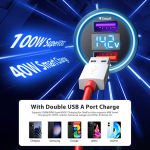 Car Charger for SuperVOOC 100W 80W for OnePlus 13 13R 12R 12 11 10t 10 Pro, 65W Warp Charger for OnePlus Nord N30 N100 Open Pad 9 Pro 8 7T 6T 6 LED Display Dual USB Car Charge Adapter 3.3FT Fast Cable