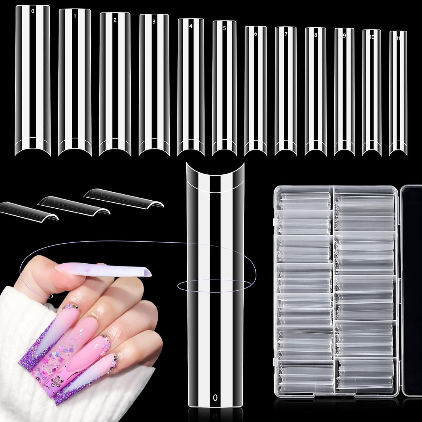 LIONVISON 504PCS No C Curve Clear Nail Tips for Acrylic Nails Professional, 3XL Extra Long Flat Tapered Square Nail Tips, 12 Sizes Half Cover Straight French Fake Nail Tips for Nail Salons Home