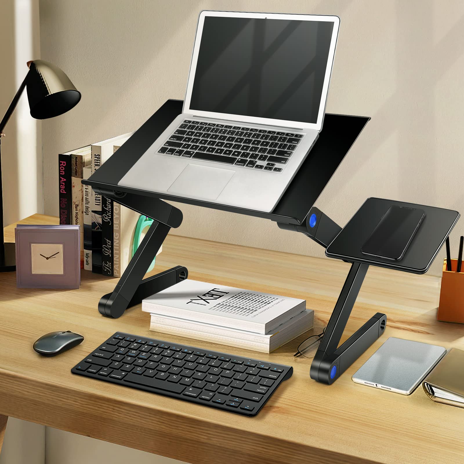 Buy now Adjustable Laptop Stand, Laptop Table Bed, Portable Lap Desk Foldable Table Workstation Notebook Riser Mouse Pad, Ergonomic Laptop Stand 2 CPU Cooling Fan, Best Gifts, Black laptop table at indiglob india