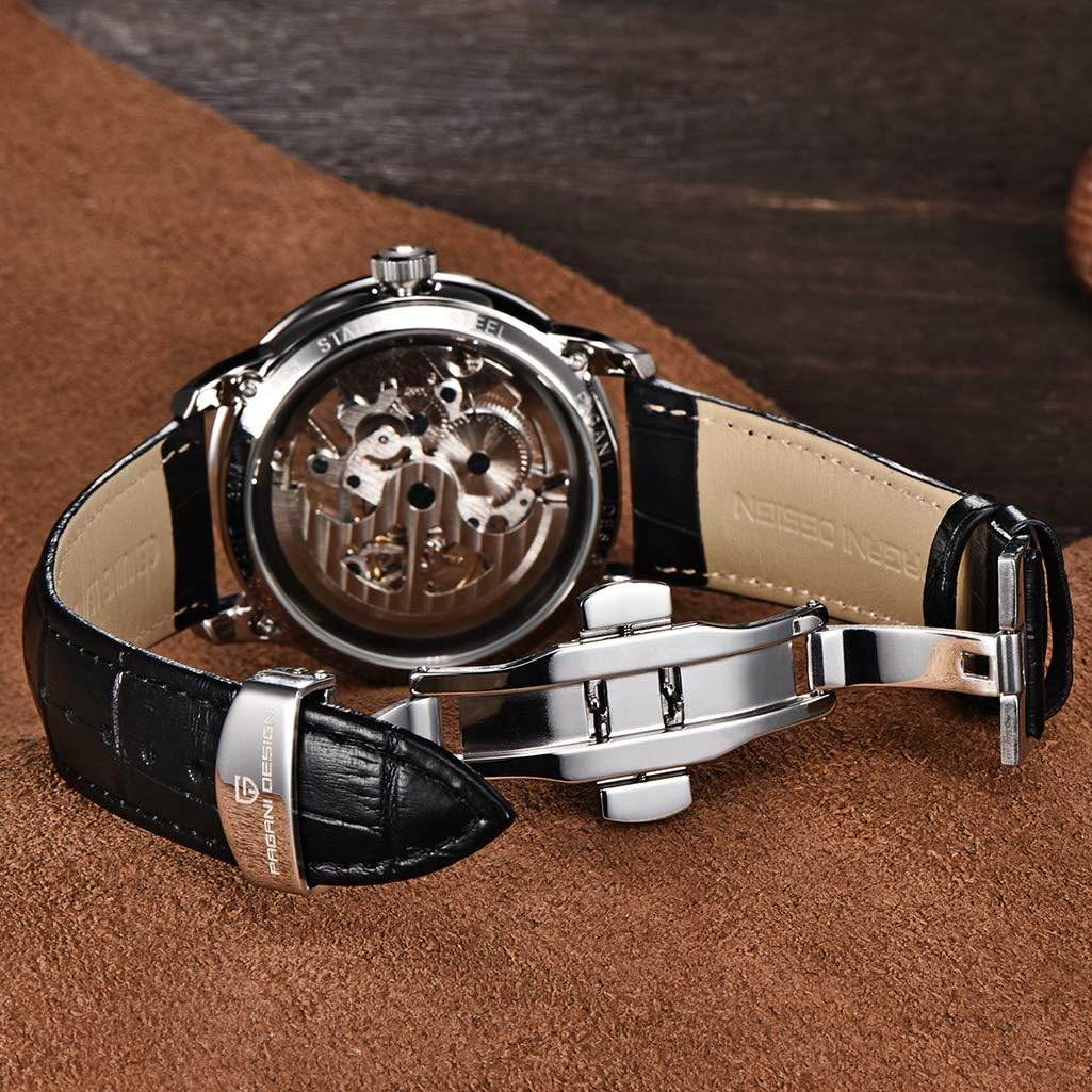 Automatic Mens Watches Skeleton Mechanical Wrist Watch for Men Waterproof Genuine Leather Watchband Luxury Self-Winding Stainless Steel Analog Watch for Men Collection (Brown Gold 1638) - My Store