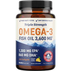 Buy now Triple Strength Omega 3 Fish Oil 3600 mg | EPA & DHA | Over 2100mg Omega-3 Fatty Acids | 1300mg EPA + 860mg DHA | Best Essential Fatty Acids | Premium Wild Caught & Burpless Fish Oil | 180 Ct at indiglob india