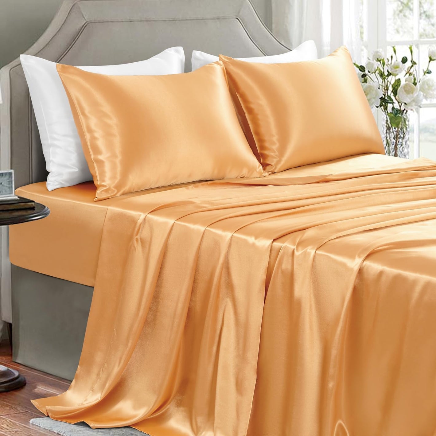 Satin Sheets King Size - 4 Pieces Luxury Silky Soft Bed Sheets, Wrinkle-Free Gold Satin Silk Sheet Set with 1 Deep Pocket Fitted Sheet, 1 Flat Sheet, 2 Pillow Cases