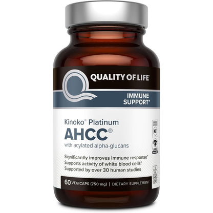 Quality of Life Premium Kinoko Platinum AHCC Herbal Supplement, 750mg per Capsule, for Immune Support, Liver Function, Maintains Natural Killer Cell Activity, Pack of 1, 60 Veggie Capsules