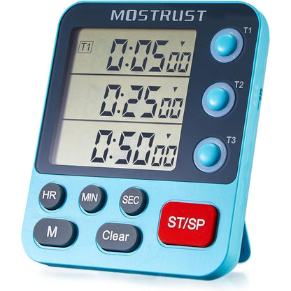 Digital Dual Kitchen Timer for Cooking, 3 Channels Count Down/up Triple Multi Timers for Food, Magnetic Memory-Preset Large-Display Adjustable Alarm Volume, 3A Battery Included