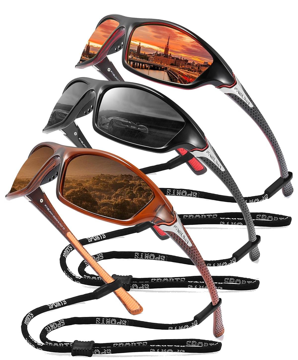 Buy now FAGUMA Sports Polarized Sunglasses For Men Cycling Driving Fishing UV400 Protection 04 Red+black+brown(3 Pack) at indiglob india