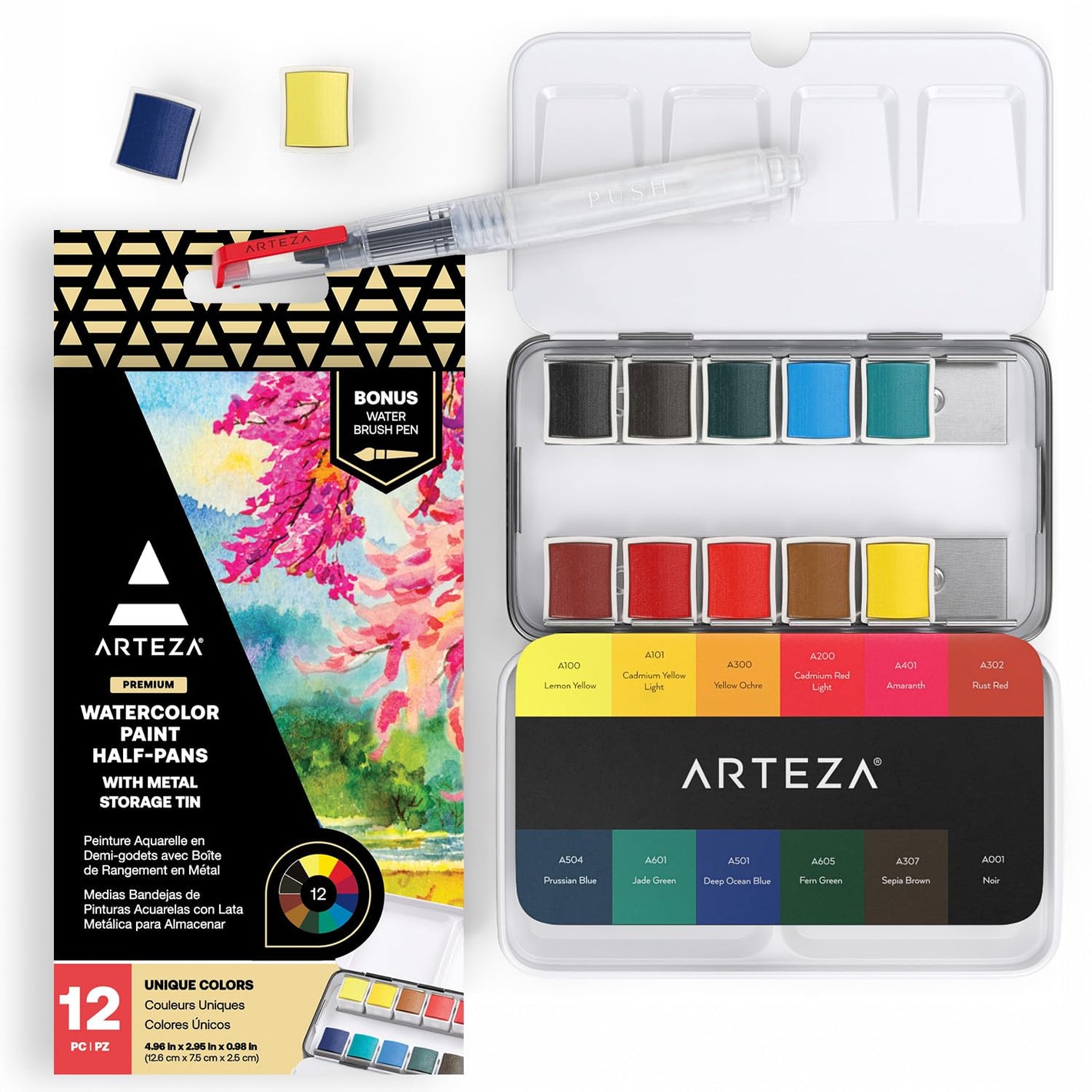 Buy now ARTEZA Watercolor Paint, Set of 12 Assorted Vibrant Colors in Half Pans, Tin Box with Water Brush Pen for Artists, and Beginners at indiglob india