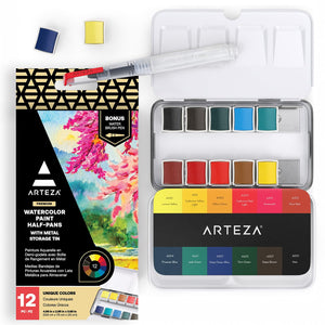 Buy now ARTEZA Watercolor Paint, Set of 12 Assorted Vibrant Colors in Half Pans, Tin Box with Water Brush Pen for Artists, and Beginners at indiglob india