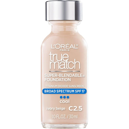 L’Oréal Paris Makeup True Match Super-Blendable Liquid Foundation, Porcelain W1, 1 Fl Oz,1 Count