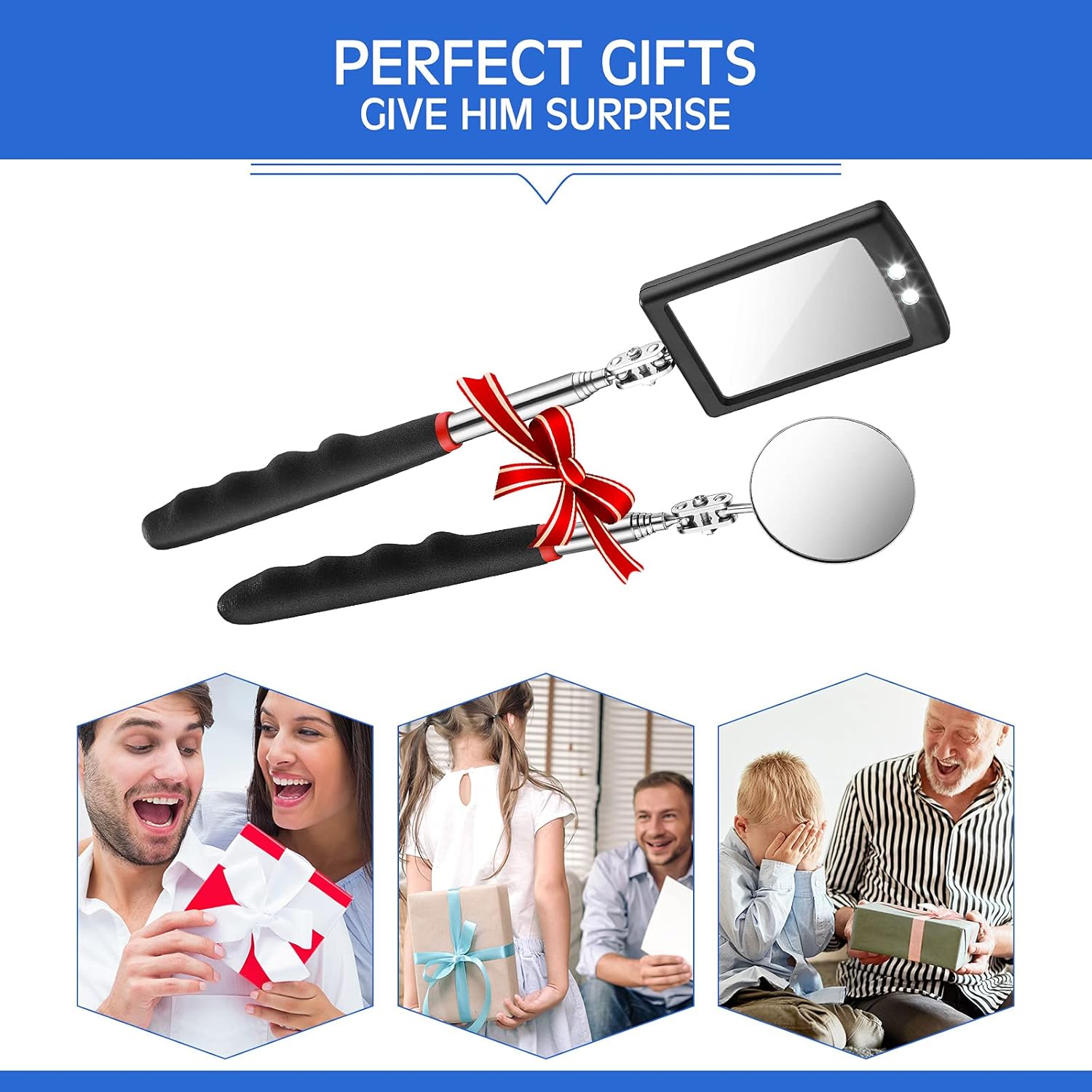 Buy now Frienda 2 Pieces Lighted Telescoping Inspection Mirror Flexible Retractable LED Automotive Extension Round Dental Mirror with Light Pickup Tools Valentine Birthday Gift for Men, Husband, Father at indiglob india