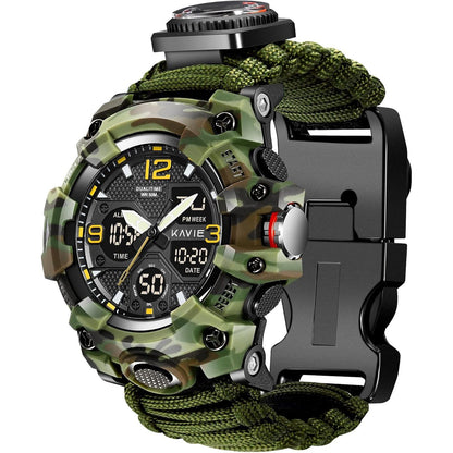 23-in-1 Survival Military Digital Watch, Mens Tactical Multi-Functional and Adjustable Wristband Outdoors Waterproof Sports Dual Dial Watches with Compass Paracord Band