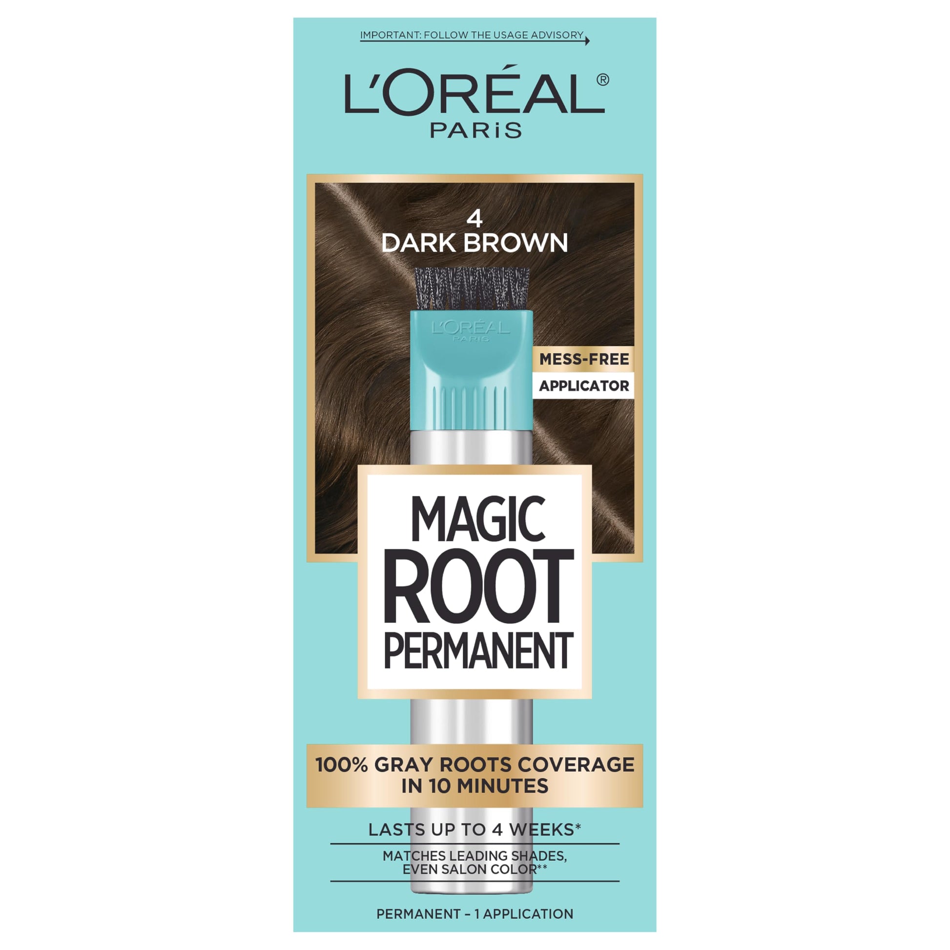 Buy now L'Oreal Paris Magic Root Rescue 10 Minute Root Hair Coloring Kit, Permanent Hair Color with Quick Precision Applicator, 100 percent Gray Coverage, 4 Dark Brown, 2 count 4 Dark Brown 1 Count (Pack of 1) at indiglob india