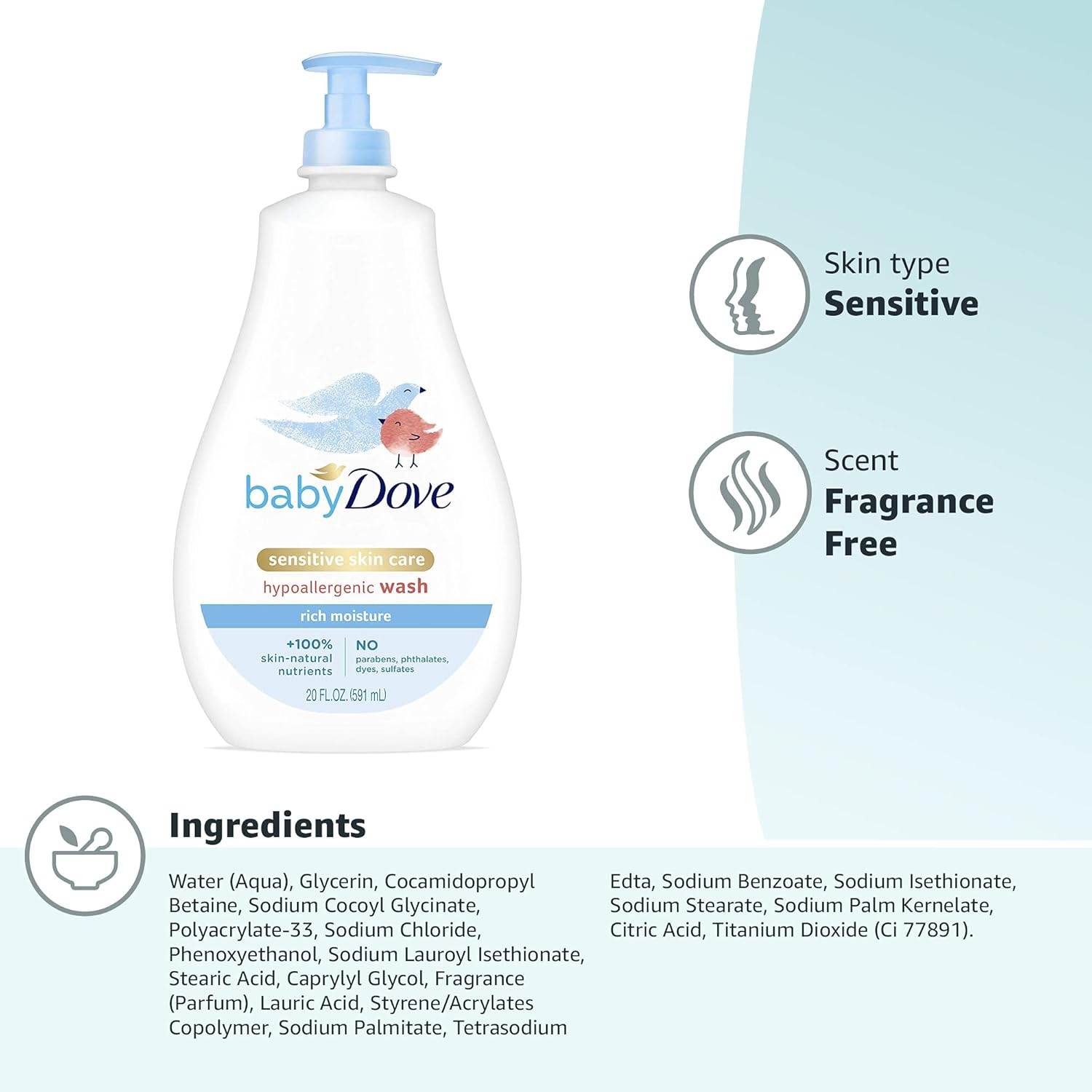Baby Dove Sensitive Skin Care Baby Wash For Baby Bath Time Rich Moisture Tear-Free and Hypoallergenic, 20 oz (Packaging May Vary) - My Store