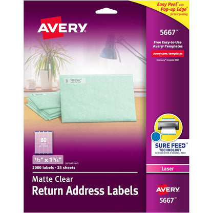 Avery Printable Return Address Labels with Sure Feed, 0.5" x 1.75", Matte Clear, 2,000 Blank Mailing Labels (05667)