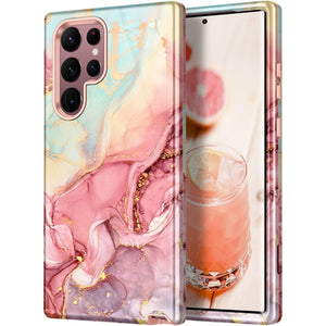 Btscase Case for Samsung Galaxy S22 Ultra 5G, Marble Pattern 3 in 1 Heavy Duty Shockproof Full Body Rugged Hard PC+Soft Silicone Drop Protective Women Girl Covers, Rose Gold