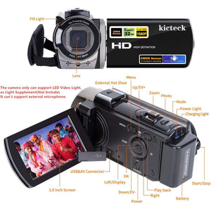 Video Camera Camcorder Digital Camera Recorder Full HD 1080P 15FPS 24MP 3.0 Inch 270 Degree Rotation LCD 16X Zoom Camcorder with 2 Batteries(604s)