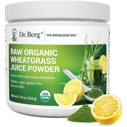 Dr. Berg USDA Certified Organic Green Powder Superfood (60 Servings) - Made with Raw Wheatgrass, Chlorophyll, Trace Minerals & Natural Enzymes - Non-GMO Green Superfood Powder - Lemon Flavor