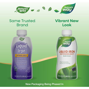 Nature's Way Liquid Iron, 100% Daily Value, 18 mg Iron as Ferric Glycinate per Serving, No Sugar Added, Berry Flavored, 16 Fl Oz (Packaging May Vary)