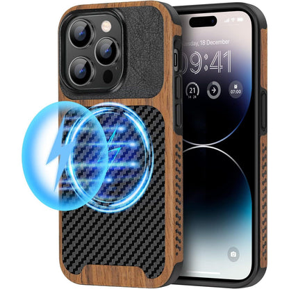 TENDLIN Compatible with iPhone 14 Pro Max Case Wood Grain with Carbon Fiber Texture Design Leather Hybrid Slim Case Black