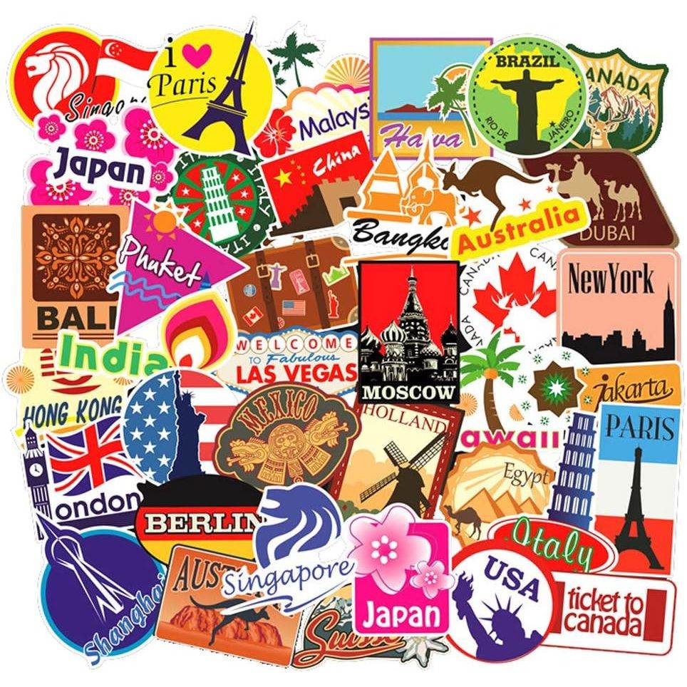 100pcs Travel Map Stickers World Famous Tourism Country Regions Logo Waterproof Tourist Wonders Stickers National Flag Idea for Luggage Skateboard Laptop Luggage Suitcase Book Covers - My Store