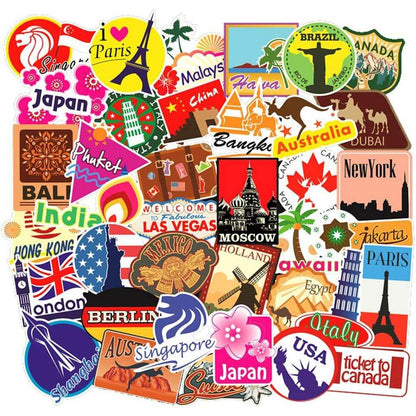 100pcs Travel Map Stickers World Famous Tourism Country Regions Logo Waterproof Tourist Wonders Stickers National Flag Idea for Luggage Skateboard Laptop Luggage Suitcase Book Covers - My Store