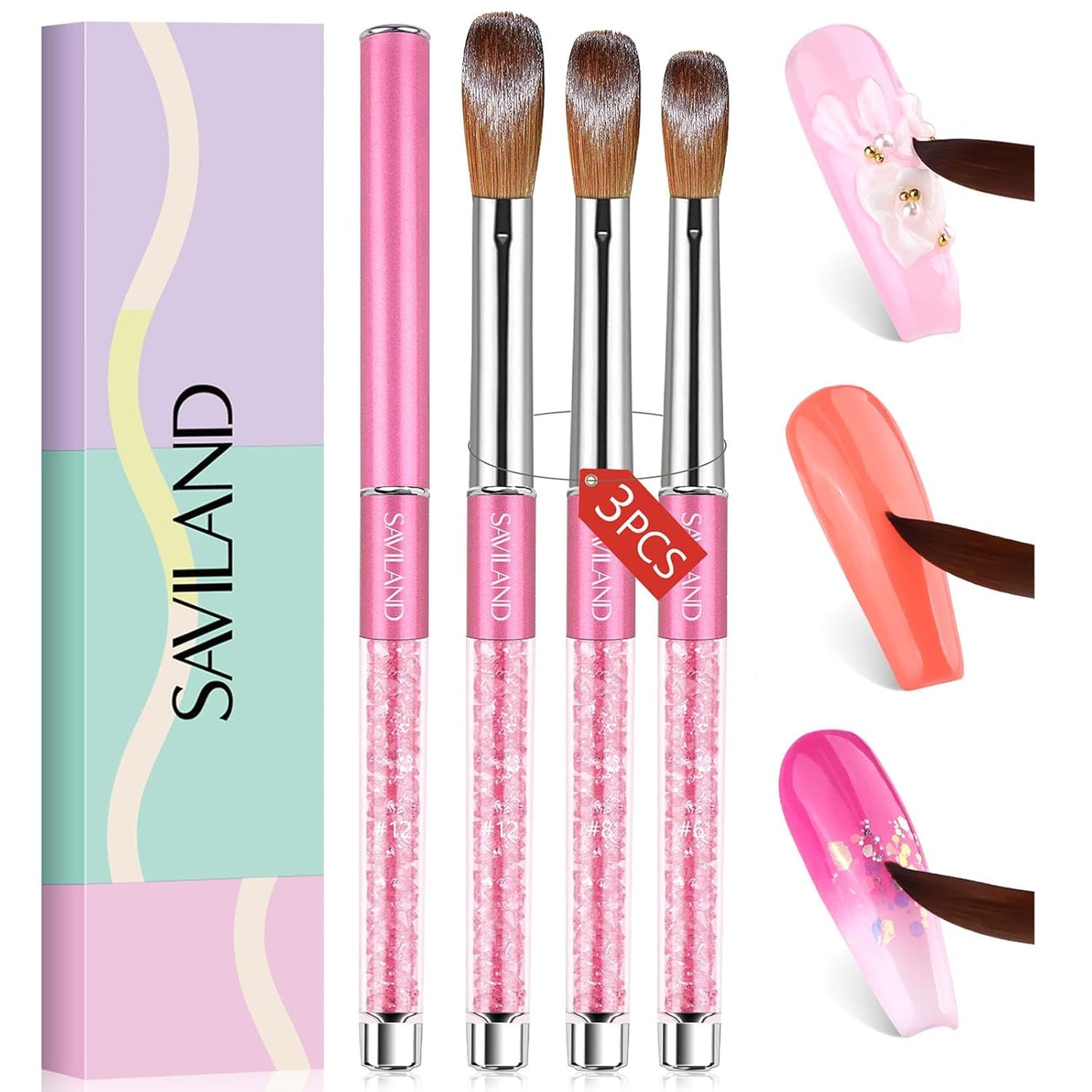 SAVILAND 3pcs Acrylic Nail Brush Set: Size 6,8,12 Professional Nail Brushes for Acrylic Application Acrylic Powder Nail Art Extension & 3D Carving Manicure Tools for Beginners Home DIY