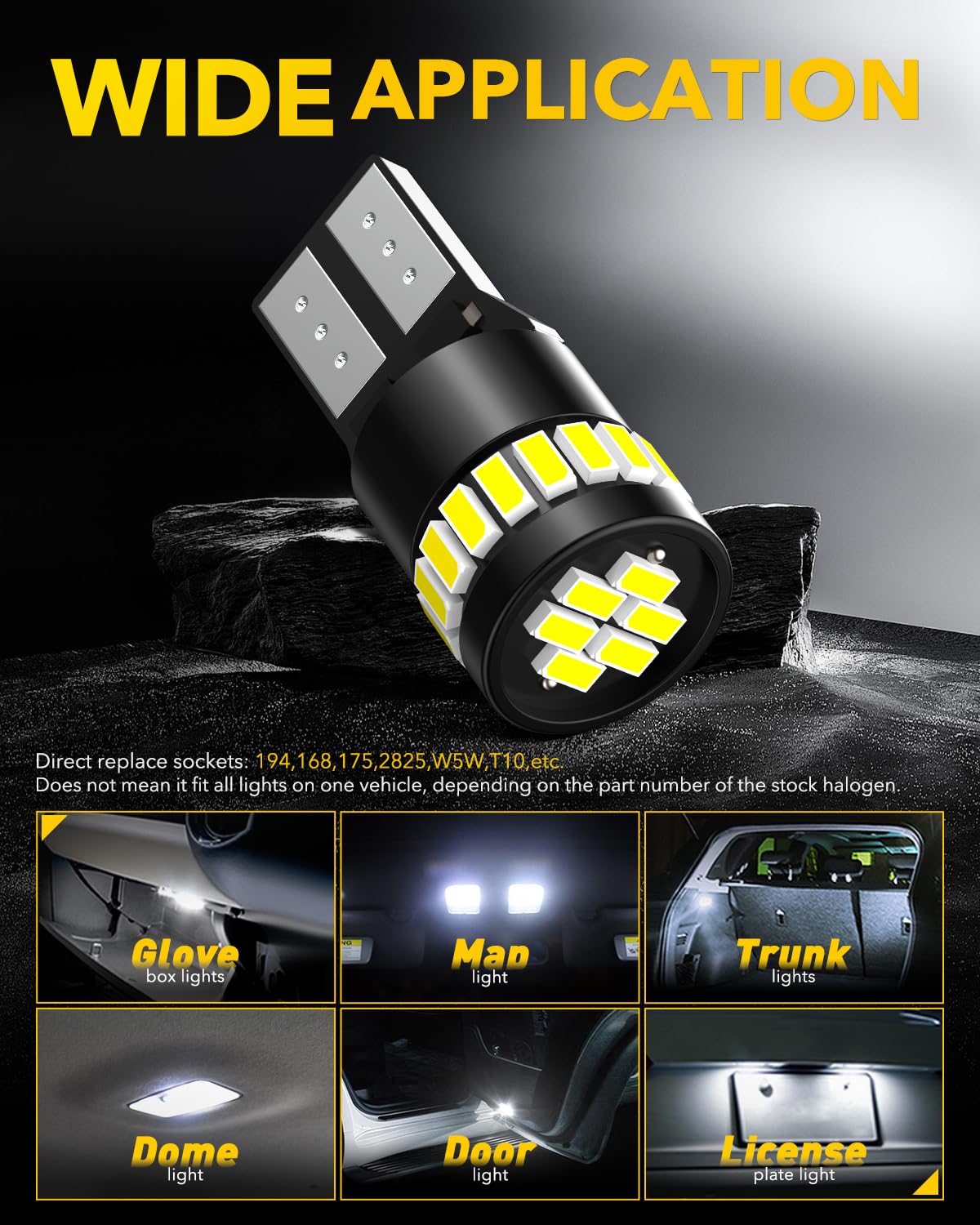 Buy now AUXITO 194 LED Light Bulb 6000K White 168 2825 W5W T10 Wedge 24-SMD 3014 Chipsets LED Replacement Light Kit Error Free for Car Interior Dome Map Door License Marker Lights, Pack of 10 at indiglob india