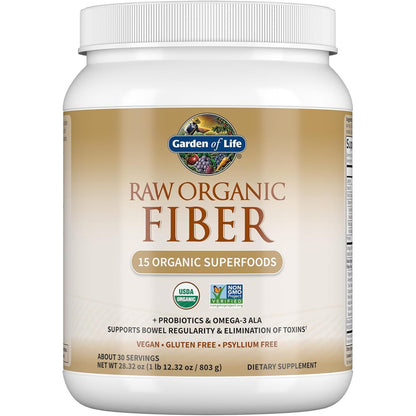 Garden of Life Raw Organic Fiber Powder, 30 Servings, 15 Organic Superfoods, Probiotics, Omega-3 ALA, 4g Soluble Fiber, 5g Insoluble for Regularity, Psyllium Husk Free