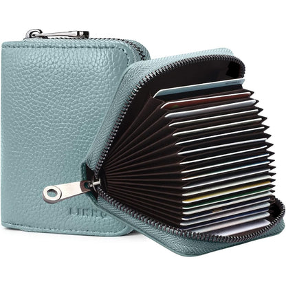 Linno RFID 20 Slots Credit Card Holder Genuine Leather Small Wallet for Women or Men with Zipper