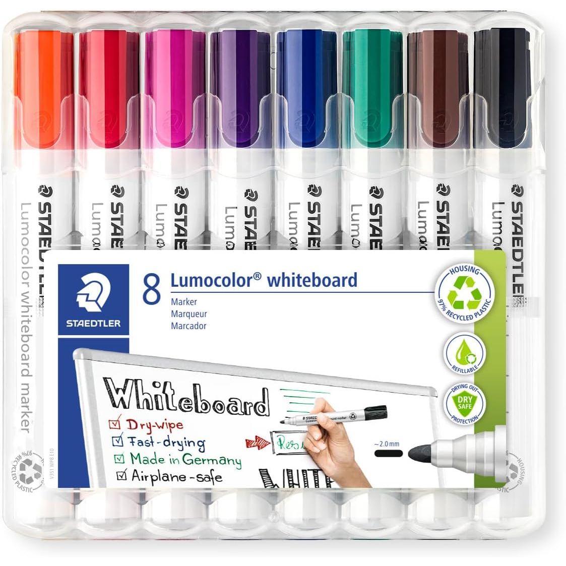 STAEDTLER 351 WP8 Lumocolor Whiteboard Marker Bullet Tip - Assorted Colours (Pack of 8)