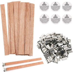 BENBO 154Pcs Wood Candle Wicks, 5.1 X 0.5 Inch Smokeless Crackling Natural Wicks with Iron Stand and Candle Warning Labels for DIY Craft (50 Sets)