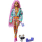 Barbie Extra Doll & Accessories with Long Pink Braids in Teal Floral Jacket & 2-Piece Floral Outfit with DJ Pet Mouse