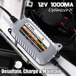 Buy now MOTOPOWER MP00205B 12V 1000mA Automatic Battery Charger, Battery Maintainer, Trickle Charger, and Battery Desulfator with Timer Protection - Grey at indiglob india