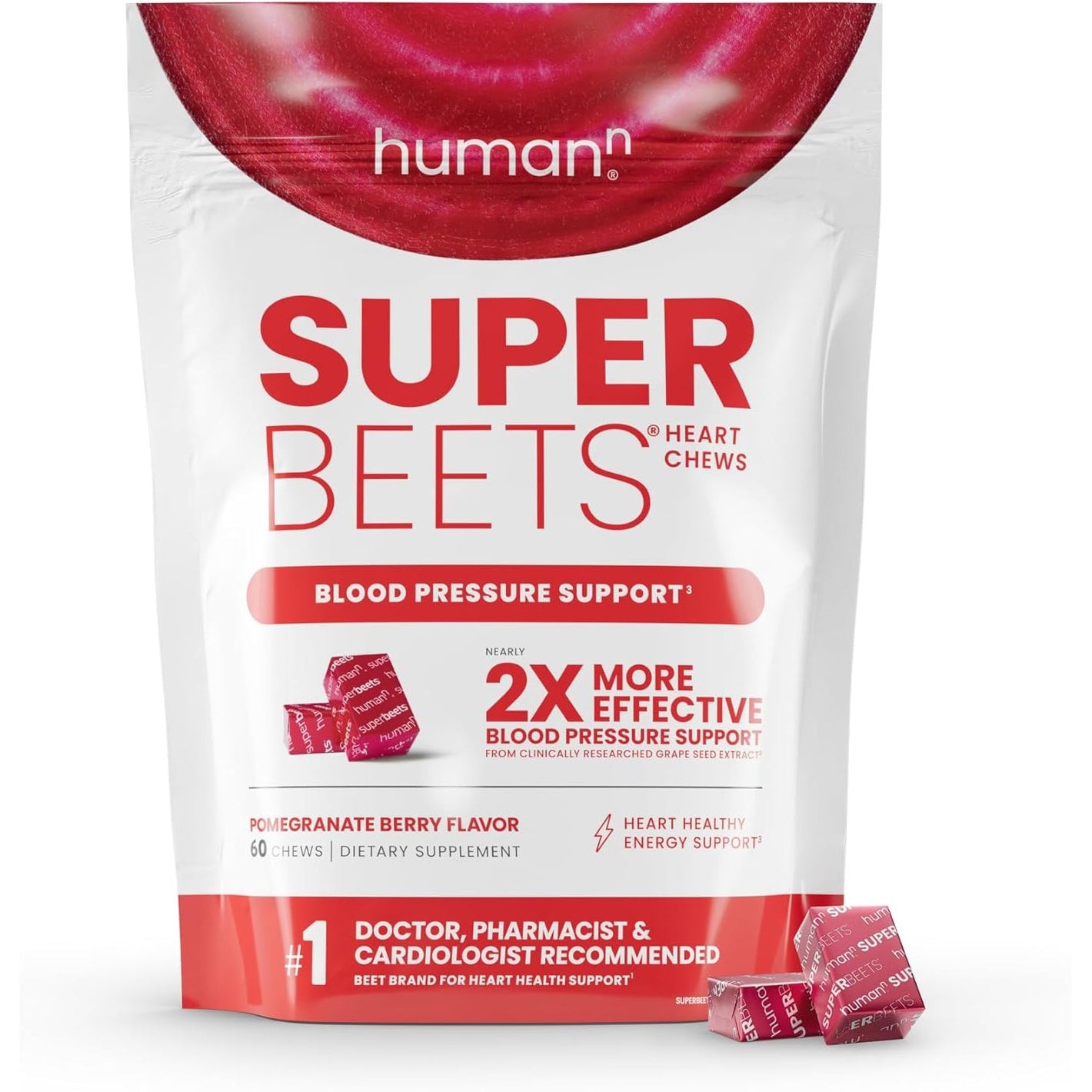 Humann SuperBeets Heart Chews, Nitric Oxide and Blood Pressure Support, Grape Seed Extract & Non-GMO Beet Root Powder Energy Supplement, Pomegranate Berry Flavor, 60 Count