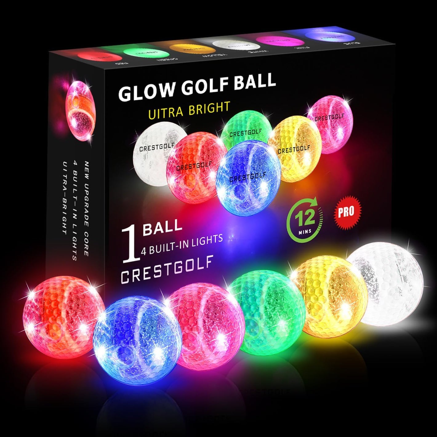 Crestgolf 6 Pack Glow in The Dark Golf Balls Light up Night Led Golf Balls with 12-Minute Reset Timer Gift Sets for Men Women