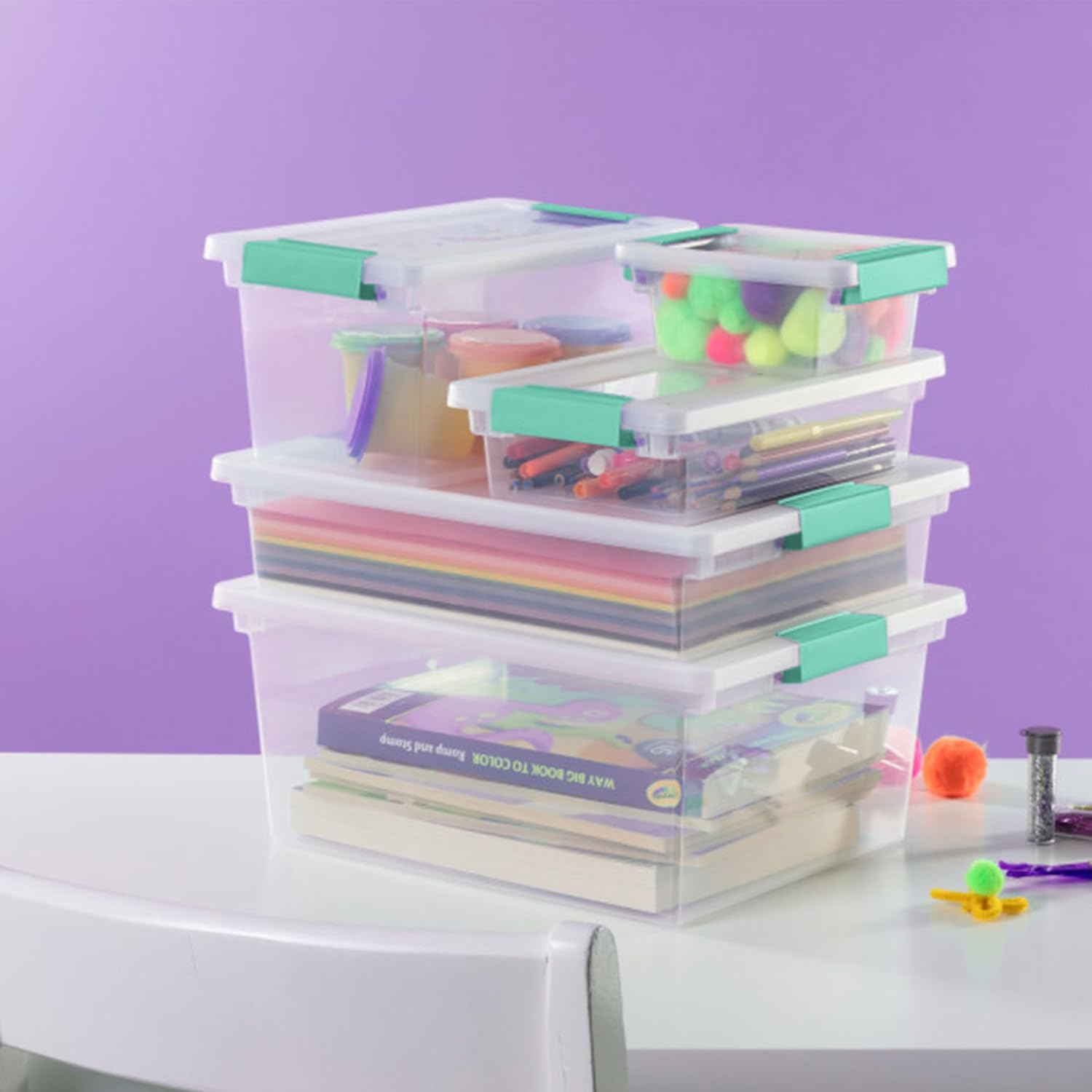 Buy now Sterilite 4-Pack Clip Box, Stackable Clear Plastic Bins with Latching Lids, Deep - Writing, Arts or Crafts Supplies Storage Containers for Home, Office, Classroom and Workshop Organization at indiglob india