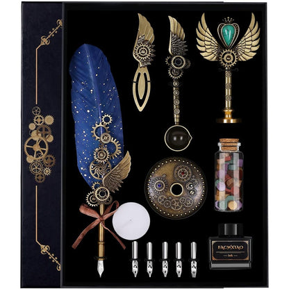 Quill Pen Set, Green, Feather Pen, Ink, Bookmarks, Seals, Nibs, Wax Bead, Envelopes, Writing Paper, Gift Box