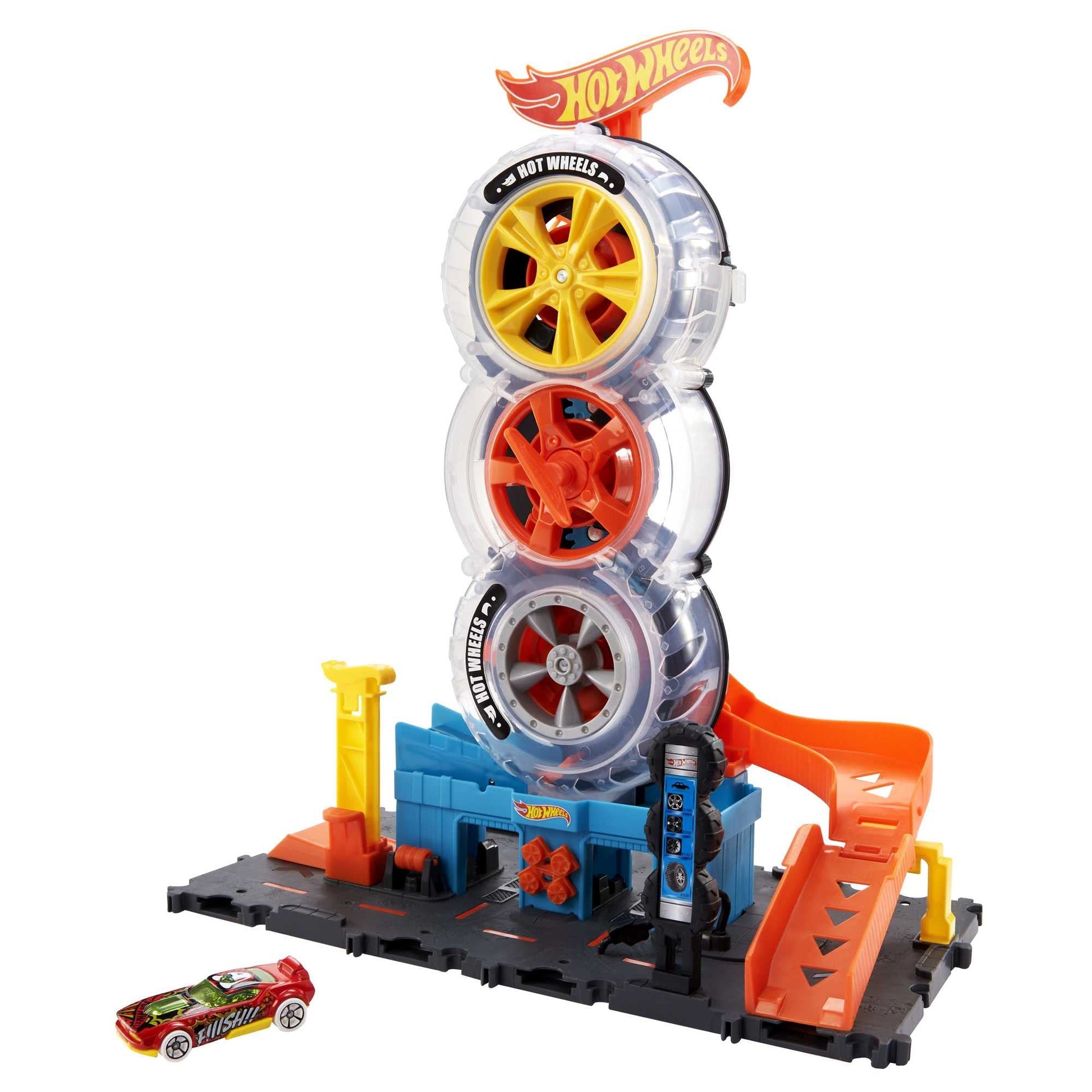 Buy now Hot Wheels City Super Twist Tire Shop Playset, Spin The Key to Make Cars Travel Through The Tires, Includes 1 Car, Gift for Kids 4 to 8 Years Old (Amazon Exclusive) at indiglob india
