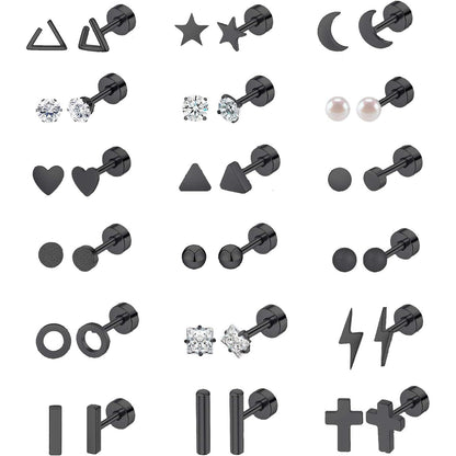 18 Pairs Stainless Steel Stud Earrings Set for Women Men Star Moon flower Heart Leaf Opal 20G Cartilage Earrings Hypoallergenic Flatback Earrings Piercing Jewelry