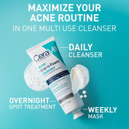 Buy now CeraVe Clay To Foam Acne Face Wash, Multi-Use Salicylic Acid & Kaolin Clay Acne Spot Treatment Clears Pimples & Blackheads, Prevents Breakouts, Hydrates & Soothes, Fragrance-Free, Non-Comedogenic, 4oz at indiglob india