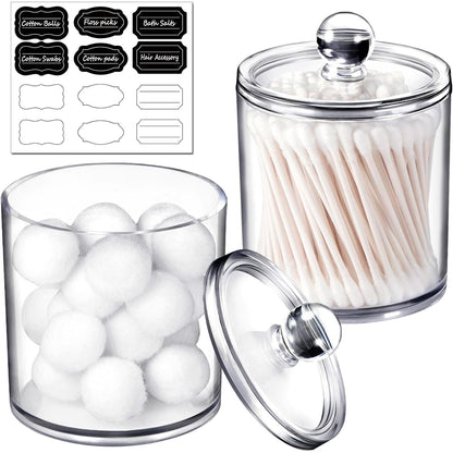 SheeChung 2 Pack of 10 Oz. Small Clear Plastic Apothecary Jar - Qtip Dispenser Holder Bathroom Vanity Storage Canister Acrylic Jar for Cotton Balls/Swabs/Rounds,Q-tips (Black)