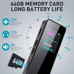 64GB Digital Audio Voice Recorder for Lectures Meetings, Voice Activated Tape Recorder with Playback Dictaphone Sound Recorder Recording Device, Noise Reduction, MP3 Player