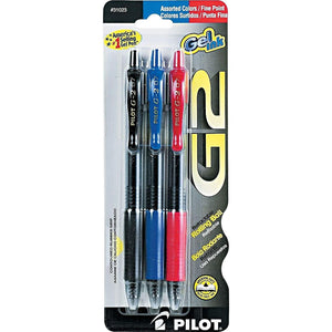 Pilot G2 Premium Gel Roller Pens, Fine Point, Gel Ink Pens, 0.7 mm, Pack of 3, Black/Blue/Red - Ideal for School, Journaling & Office Writing