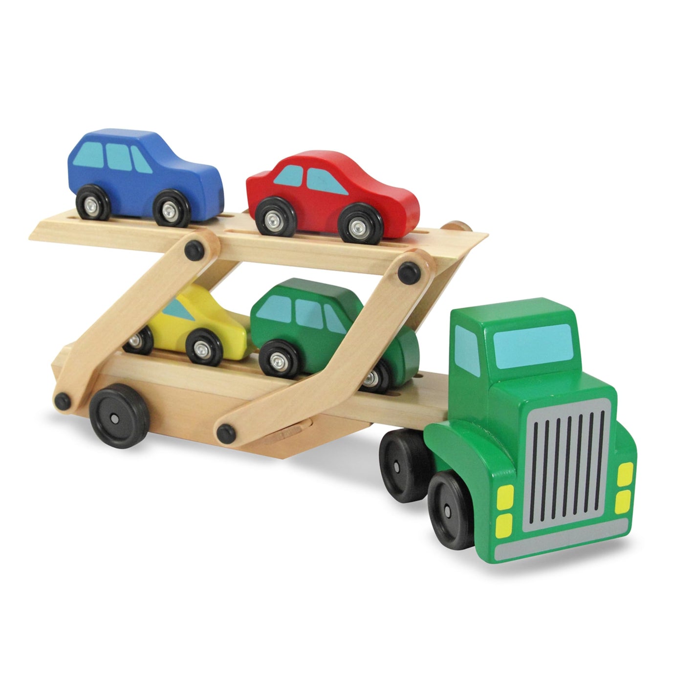 Buy now Melissa & Doug Car Carrier Truck and Cars Wooden Toy Set with 1 Truck and 4 Cars 5.75" x 12" x 3" at indiglob india