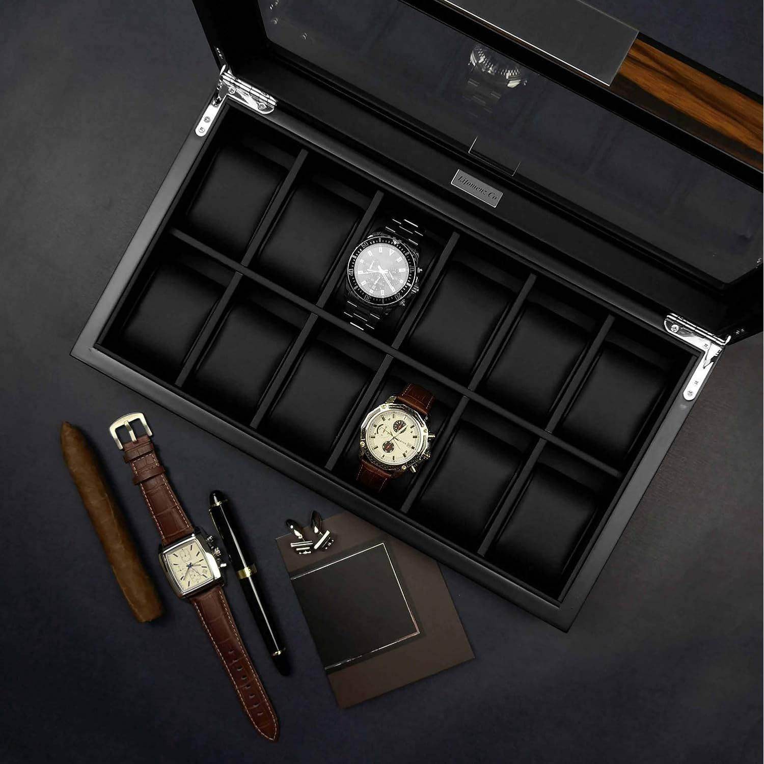 12 Watch Box for Men Watch Display Case Wood Luxury Watch Box with Large Glass Window,Watch Organizer Box with Ultra Smooth PU Leather Interior - My Store