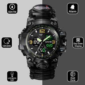 23-in-1 Survival Military Digital Watch, Mens Tactical Multi-Functional and Adjustable Wristband Outdoors Waterproof Sports Dual Dial Watches with Compass Paracord Band
