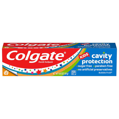 Colgate Kids Cavity Protection Toothpaste with Fluoride, Helps Fight Cavities, Safe for Ages 2+, Mild Bubble Fruit Flavor, Sugar Free, 4.6 Oz Tube