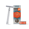 MERKUR 23C Double Edge Safety Razor - Polished Chrome, Long Knurled Brass Handle, Made in Germany, Plastic-Free, Three Piece Design, Closed Comb, Straight Bar - Bright Chrome