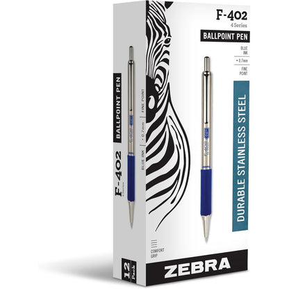 Zebra Pen F-402 Stainless Steel Retractable Ballpoint Ink Pens 2-Pack, Black Ink, 0.7mm Fine Point, Easy-Glide Ink, Non-Slip Grip, Metal Clip, Refillable With F-Refill (29212)