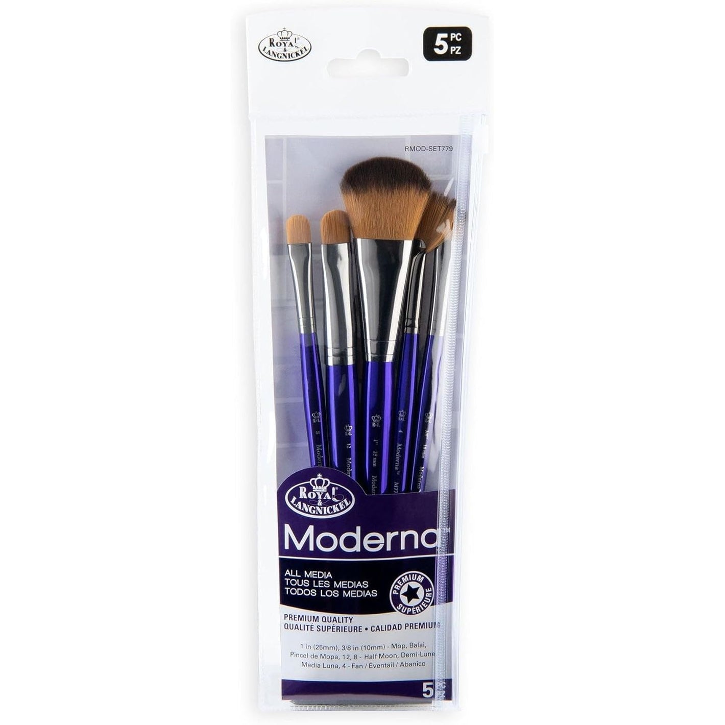 Royal & Langnickel Moderna, 5pc Oval Mop Variety Brush Set for All Painting Mediums, Includes - Mop, Fan & Half Moon Brushes Purple
